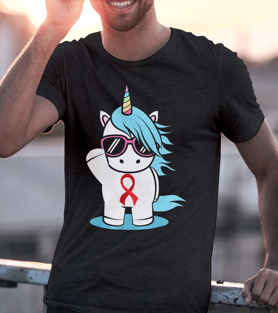 Unicorn With Sunglasses Red Ribbon Aids Awareness HIV Stigma Support T-Shirt