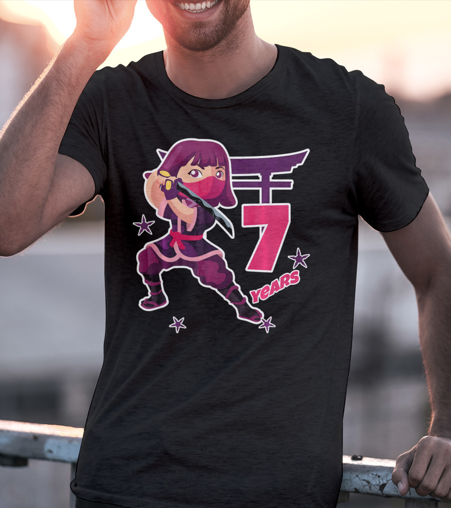 Ninja Girl 7 Years Birthday Celebration With Sword And Stars T-Shirt