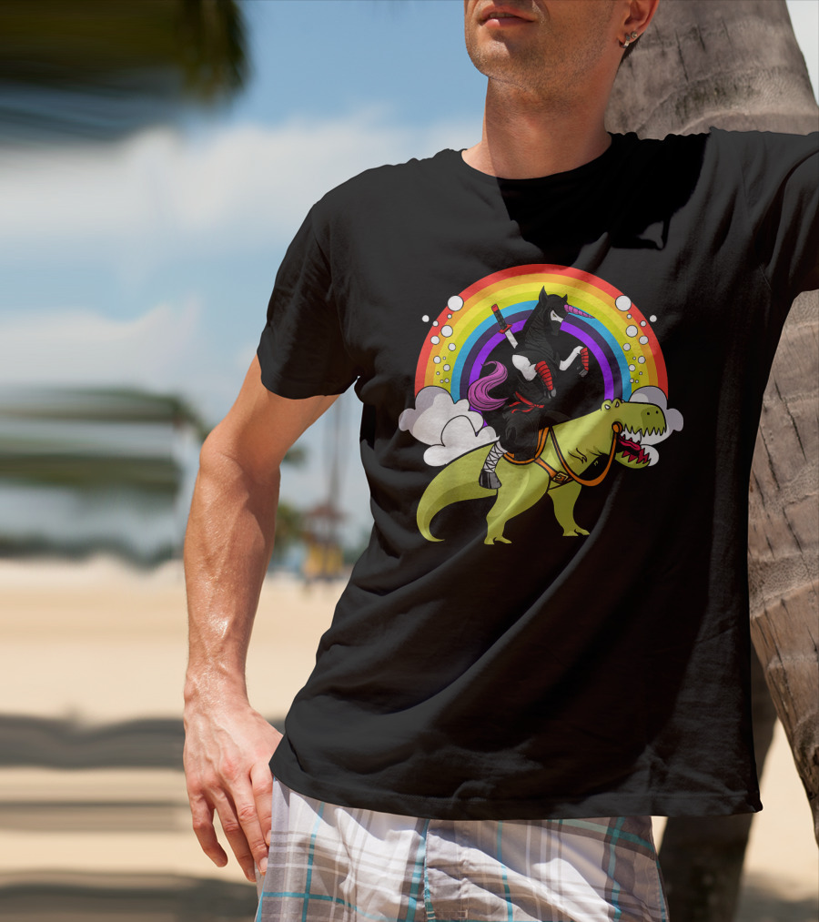 Ninja Unicorn Samurai Riding Rex Dinos Under Rainbow T-Shirt