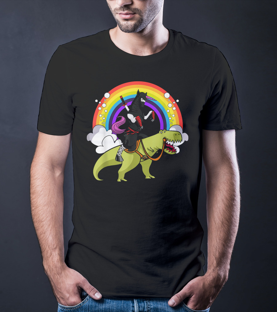 Ninja Unicorn Samurai Riding Rex Dinos Under Rainbow T-Shirt