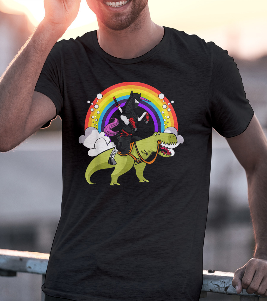 Ninja Unicorn Samurai Riding Rex Dinos Under Rainbow T-Shirt