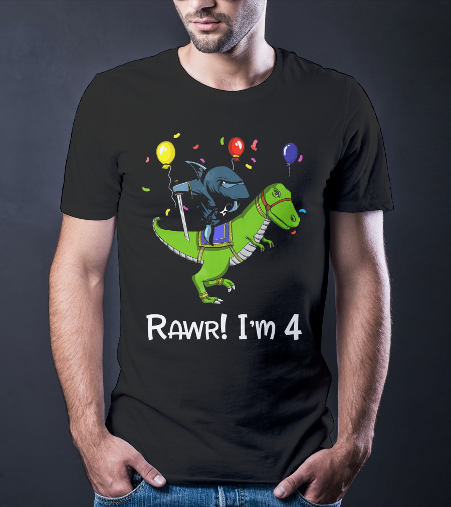 Shark Ninja Riding Dinosaur Rawr I'm 4 Birthday Celebration Balloons T-Shirt