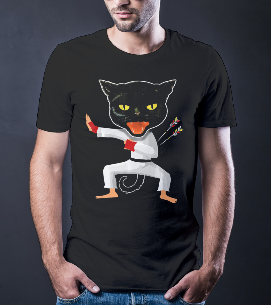 Ninja Cat Karate Master With Yellow Eyes And Arrow Struck Cloak T-Shirt