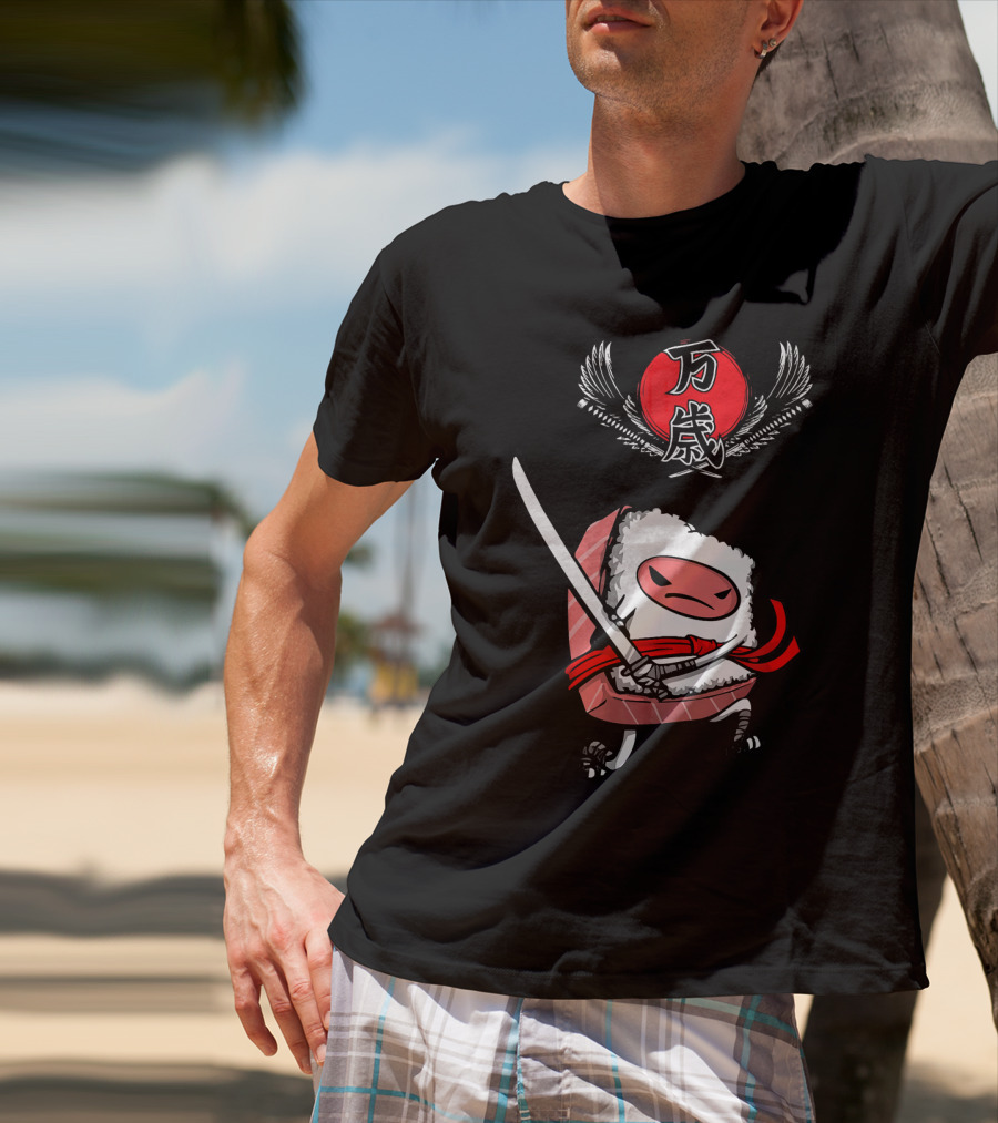 Japanese Ninja Sushi Samurai With Sword And Red Sun Kanji T-Shirt