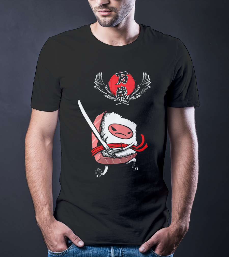 Japanese Ninja Sushi Samurai With Sword And Red Sun Kanji T-Shirt