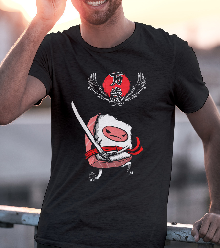Japanese Ninja Sushi Samurai With Sword And Red Sun Kanji T-Shirt