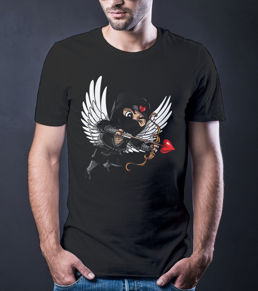 Ninja Cupid Valentine With Bow And Heart Arrow Angel Wings T-Shirt