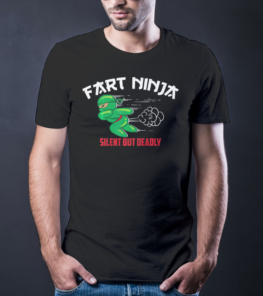 Fart Ninja Silent But Deadly Green Stealthy Figure With Cartoon Gas Cloud T-Shirt