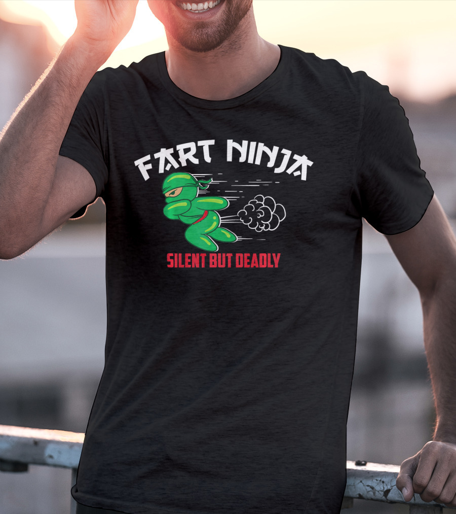 Fart Ninja Silent But Deadly Green Stealthy Figure With Cartoon Gas Cloud T-Shirt