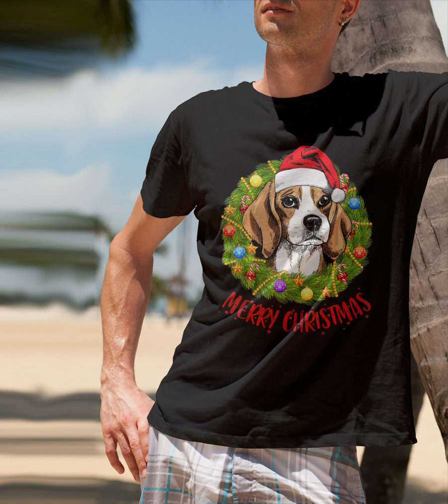 Merry Christmas Beagle Dogs In Santa Hat With Holiday Wreath T-Shirt