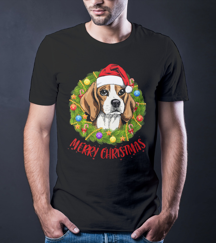 Merry Christmas Beagle Dogs In Santa Hat With Holiday Wreath T-Shirt