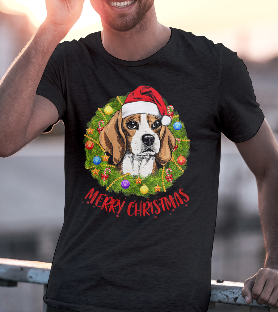 Merry Christmas Beagle Dogs In Santa Hat With Holiday Wreath T-Shirt
