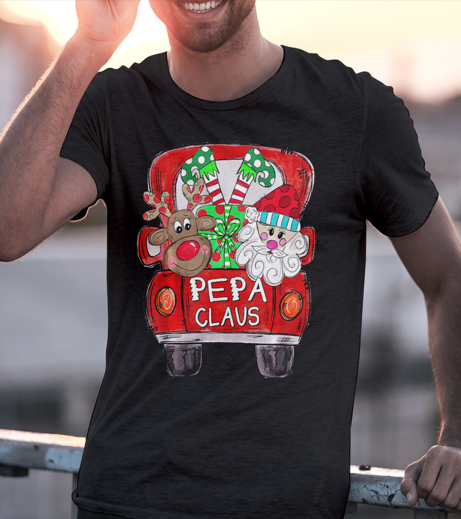 Pepa Claus Christmas Red Truck With Santa And Reindeer T-Shirt