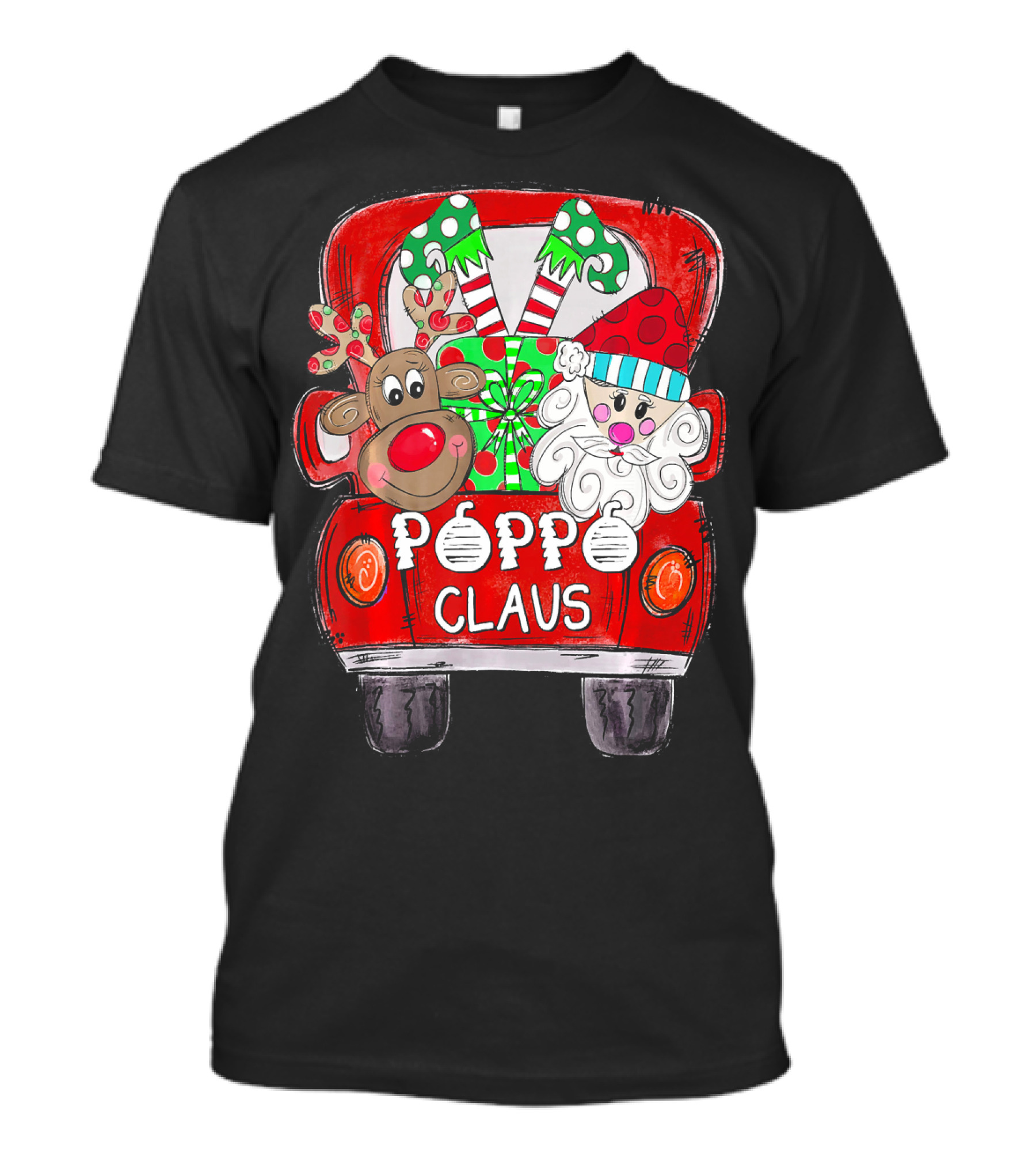 Red Truck With Poppo Claus, Reindeer, And Christmas Gifts T-Shirt