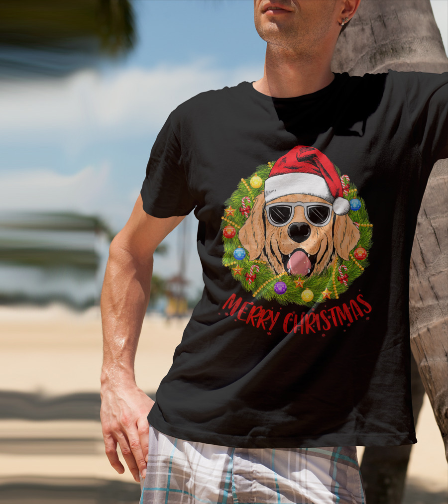 Merry Christmas Golden Retriever Dog Santa Hat Sunglasses Wreath T-Shirt