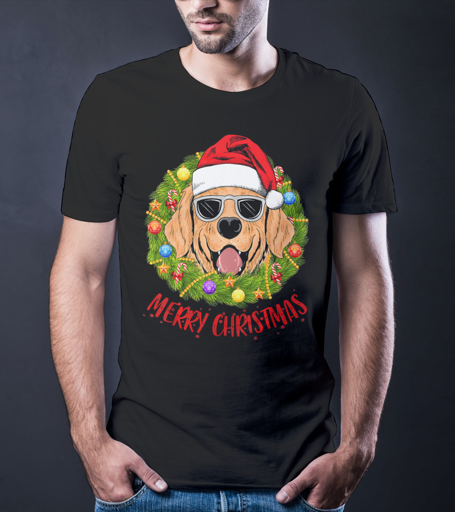 Merry Christmas Golden Retriever Dog Santa Hat Sunglasses Wreath T-Shirt