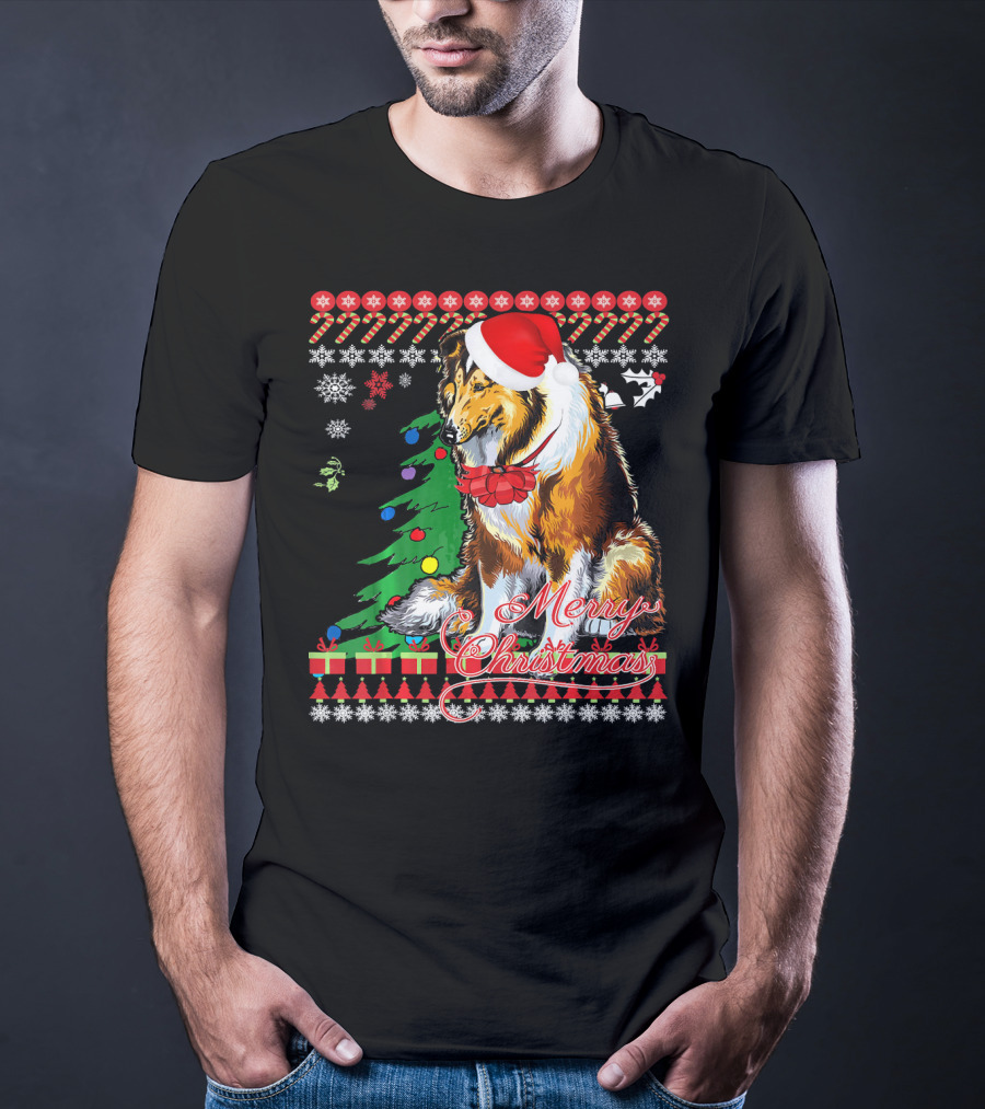 Merry Christmas Rough Collie Santa Hat Snowflakes Gifts Holiday T-Shirt