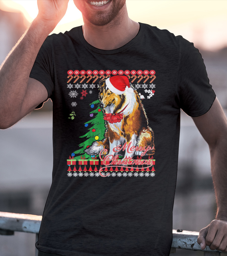 Merry Christmas Rough Collie Santa Hat Snowflakes Gifts Holiday T-Shirt