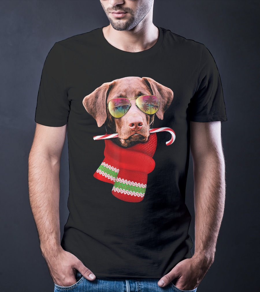 Christmas In July Labrador Sunglasses Candy Cane Scarf T-Shirt