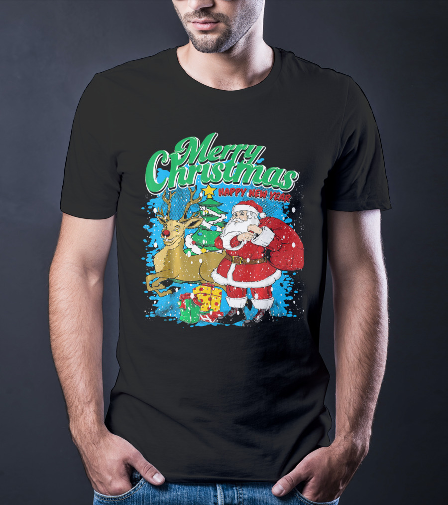 Merry Christmas Happy New Year Santa Claus Reindeer Presents T-Shirt