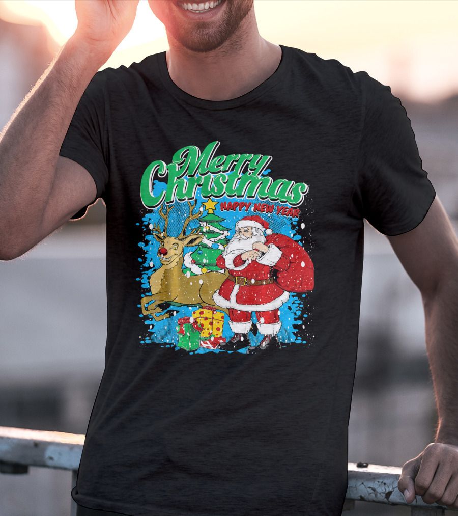 Merry Christmas Happy New Year Santa Claus Reindeer Presents T-Shirt