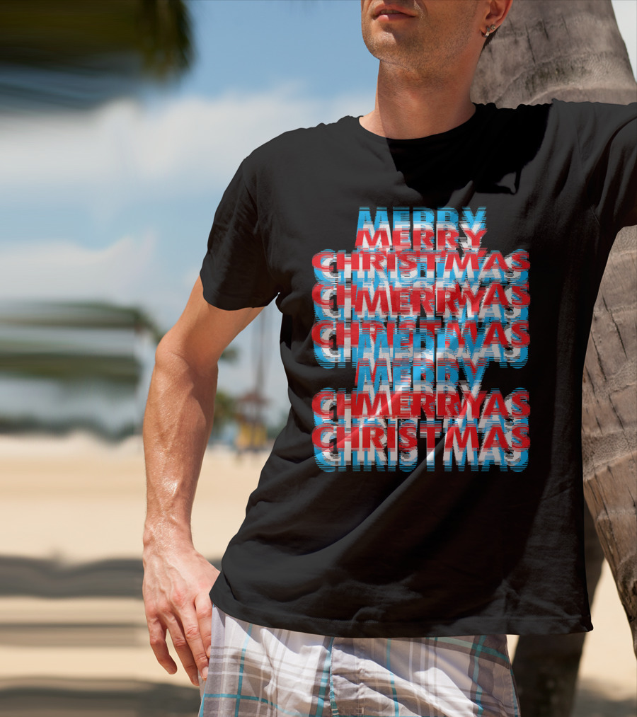 Merry Christmas Blurred Double Layered Text Effect T-Shirt