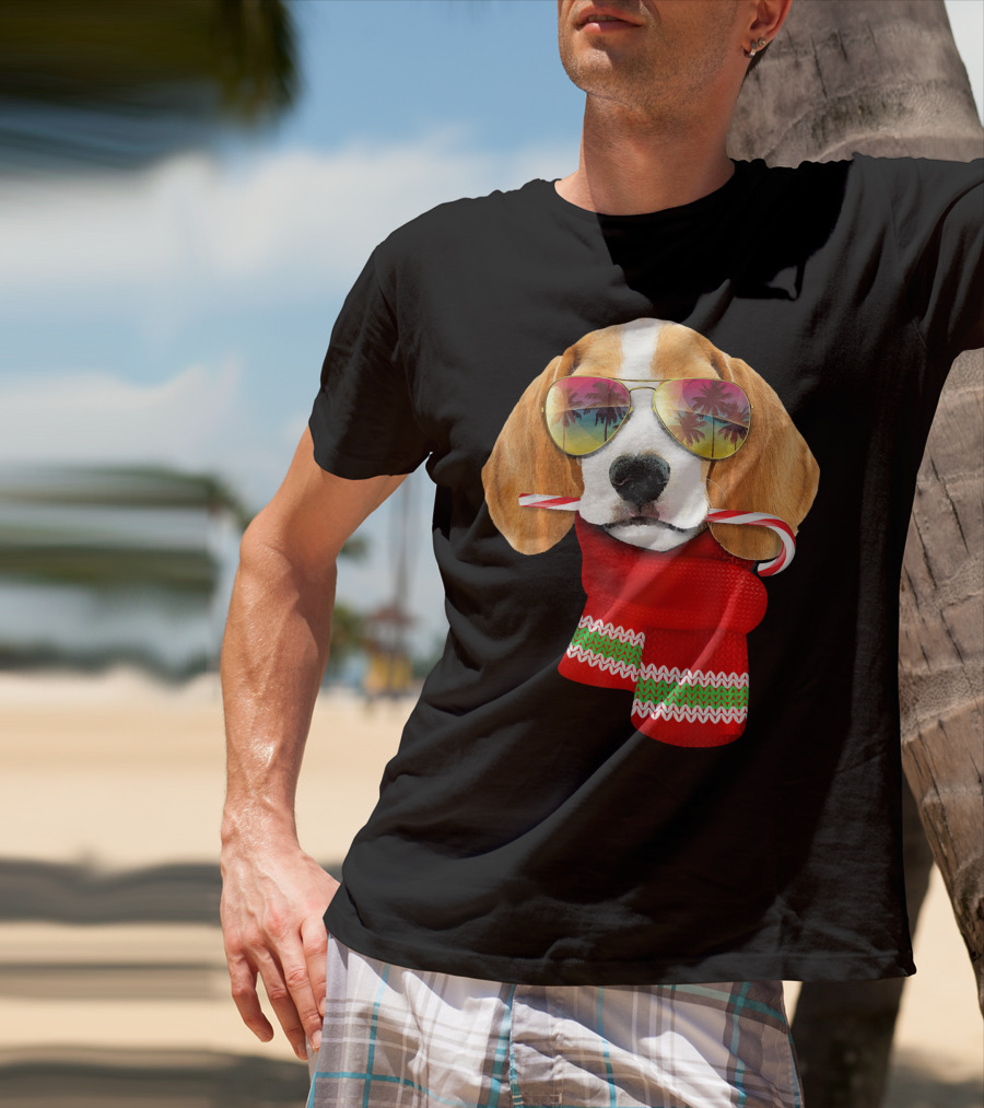 Christmas In July Beagle Sunglasses Candy Cane Scarf T-Shirt