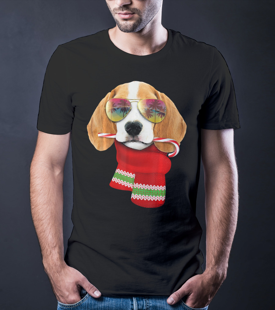 Christmas In July Beagle Sunglasses Candy Cane Scarf T-Shirt