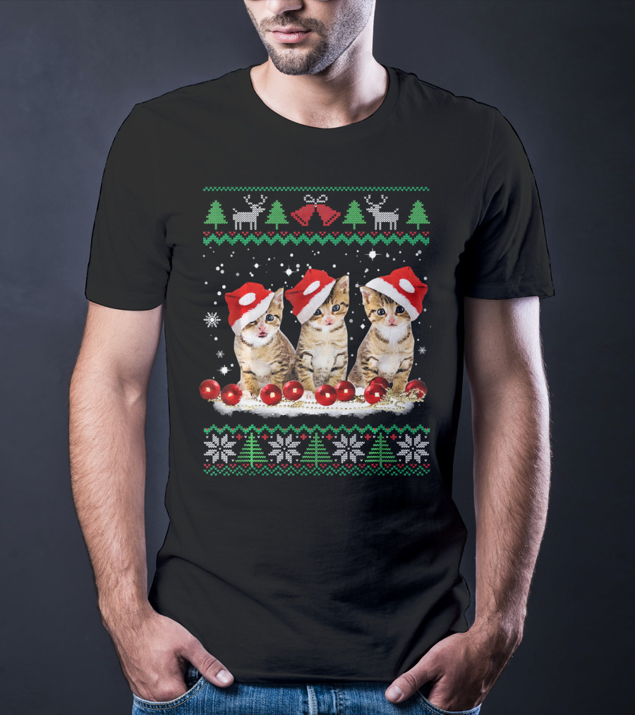 Ugly Christmas Cat Santa Hat Reindeer Bells Snowflakes Lights T-Shirt
