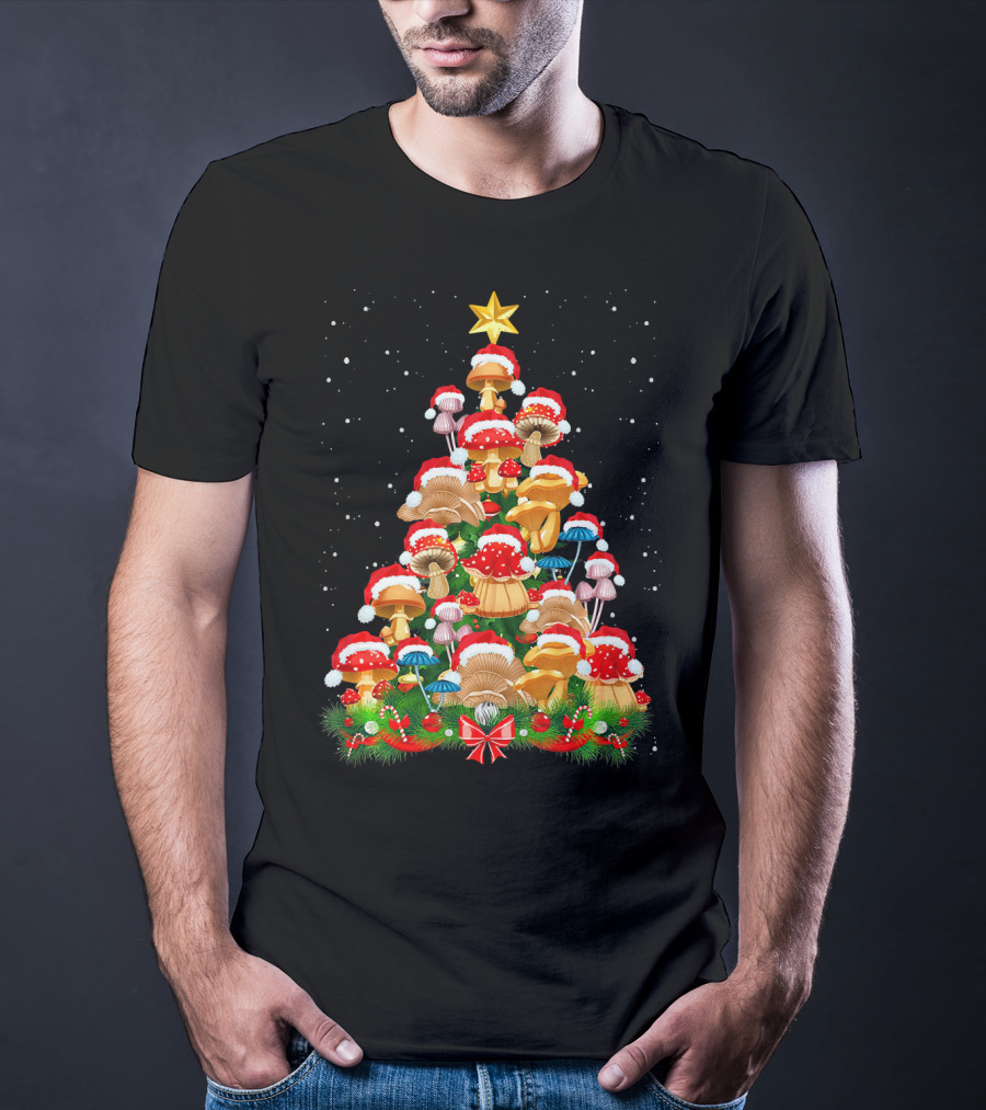 Mushroom Christmas Tree With Santa Hats And Snowflakes For Garden Lovers T-Shirt