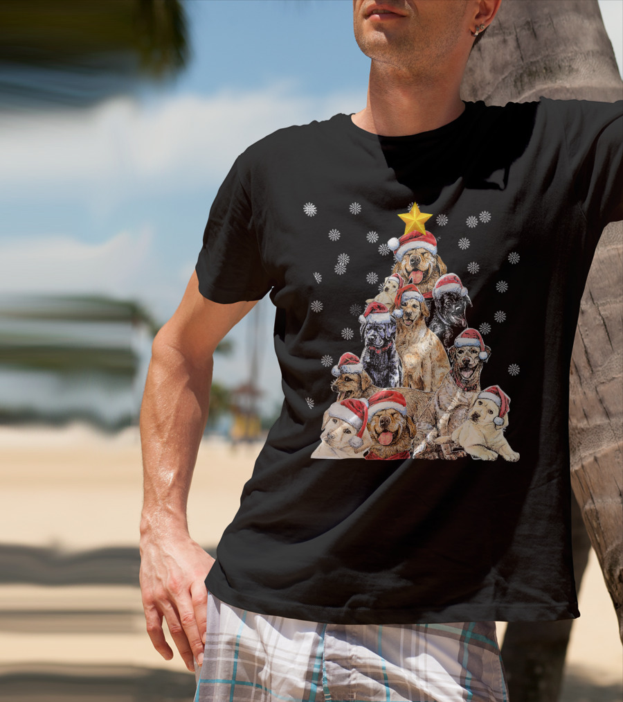 Labrador Puppies With Santa Hats Forming A Christmas Tree With Star And Snowflakes T-Shirt