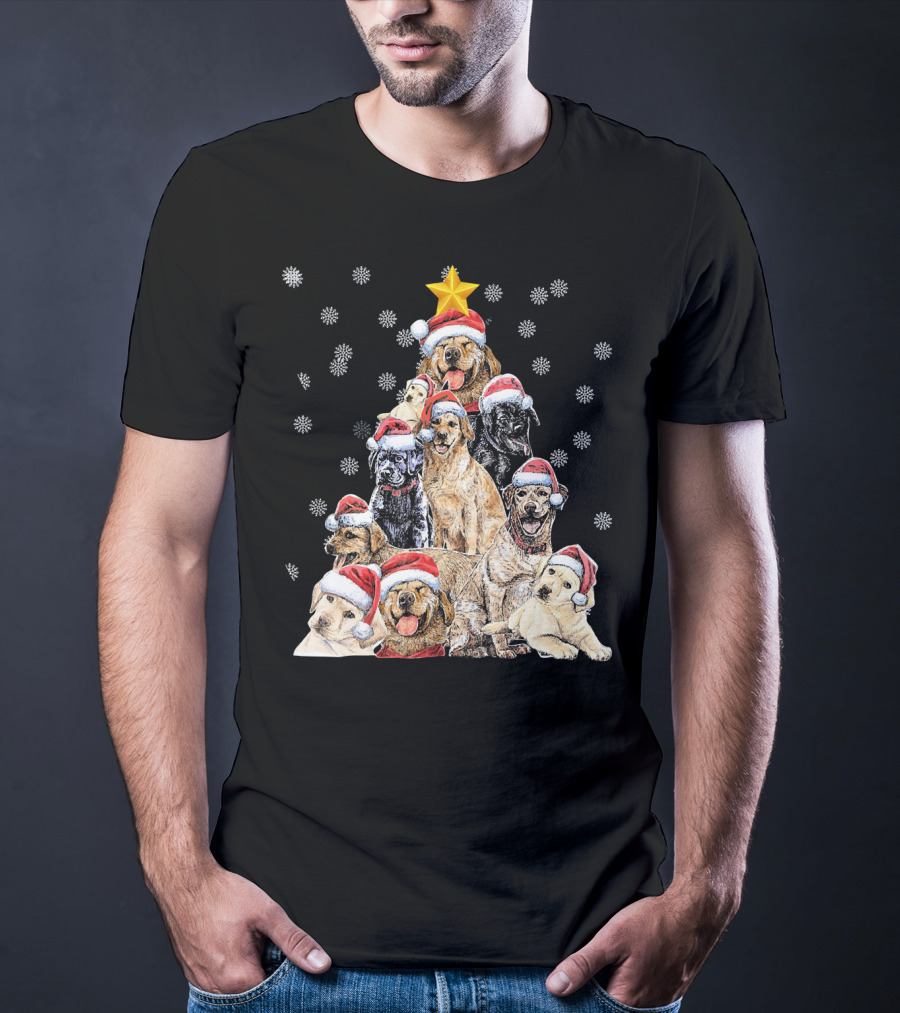 Labrador Puppies With Santa Hats Forming A Christmas Tree With Star And Snowflakes T-Shirt