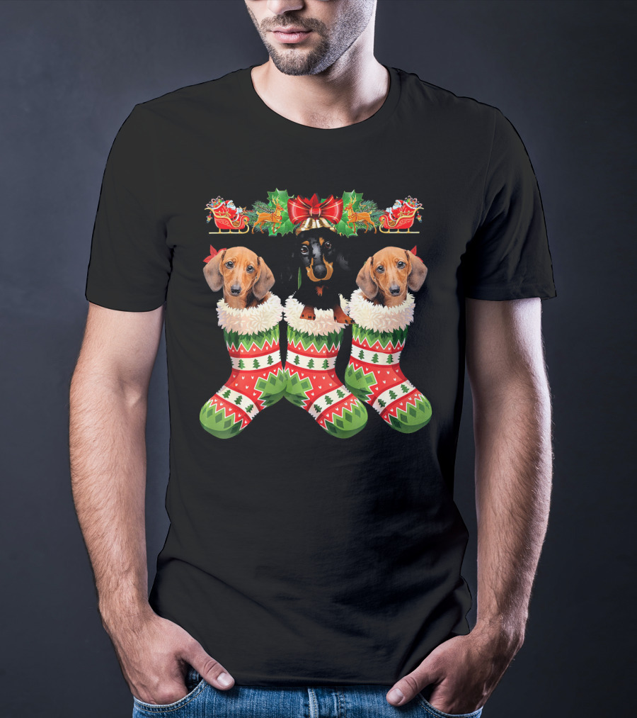 Dachshund Christmas Dogs In Festive Stockings T-Shirt