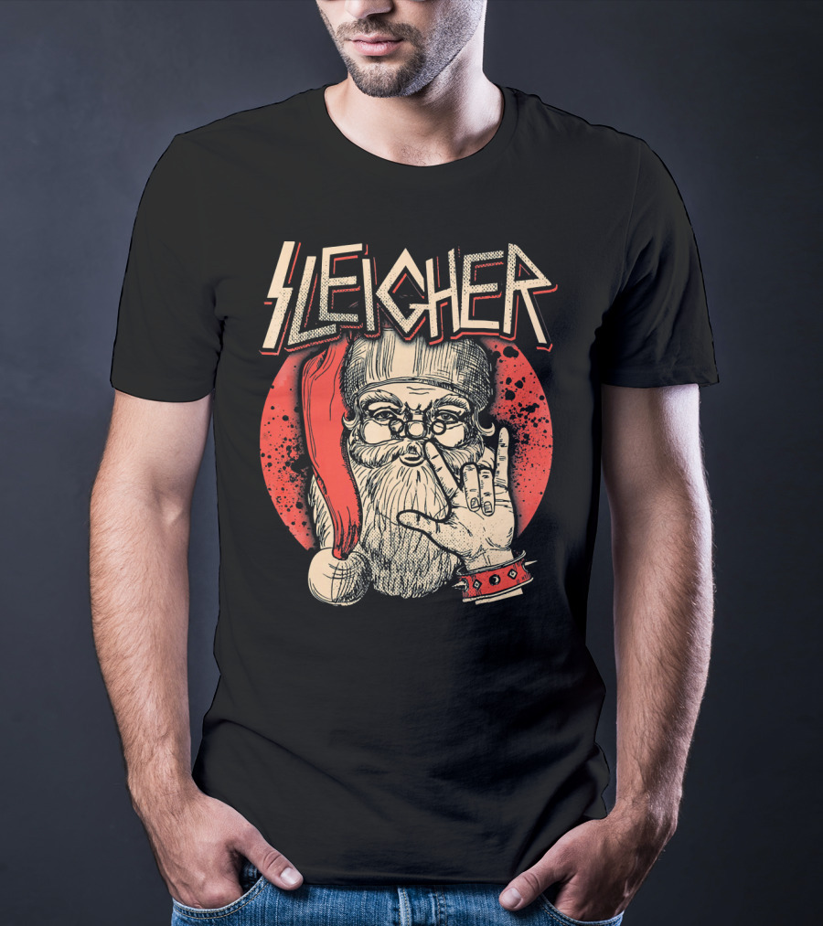 SLEIGHER Heavy Metal Music Santa Circle Red Santa Hat Hand Gesture T-Shirt