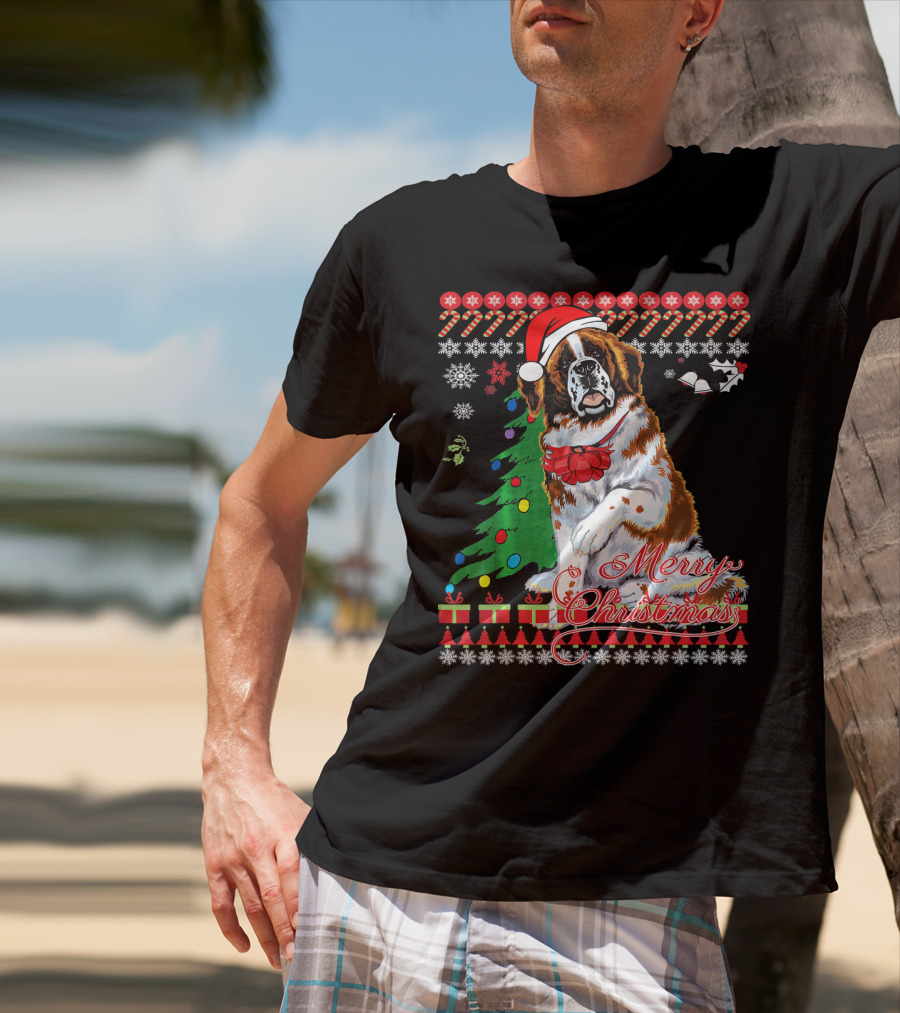 Merry Christmas Saint Bernard Dog Ugly Christmas T-Shirt
