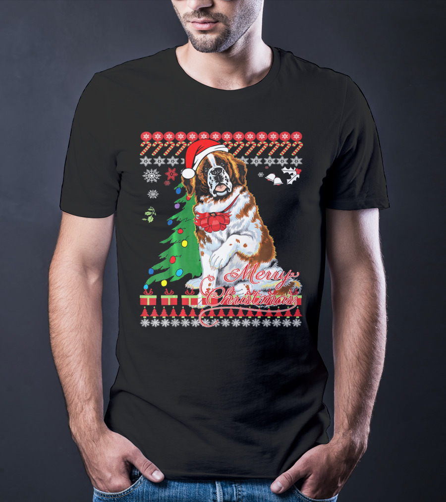 Merry Christmas Saint Bernard Dog Ugly Christmas T-Shirt