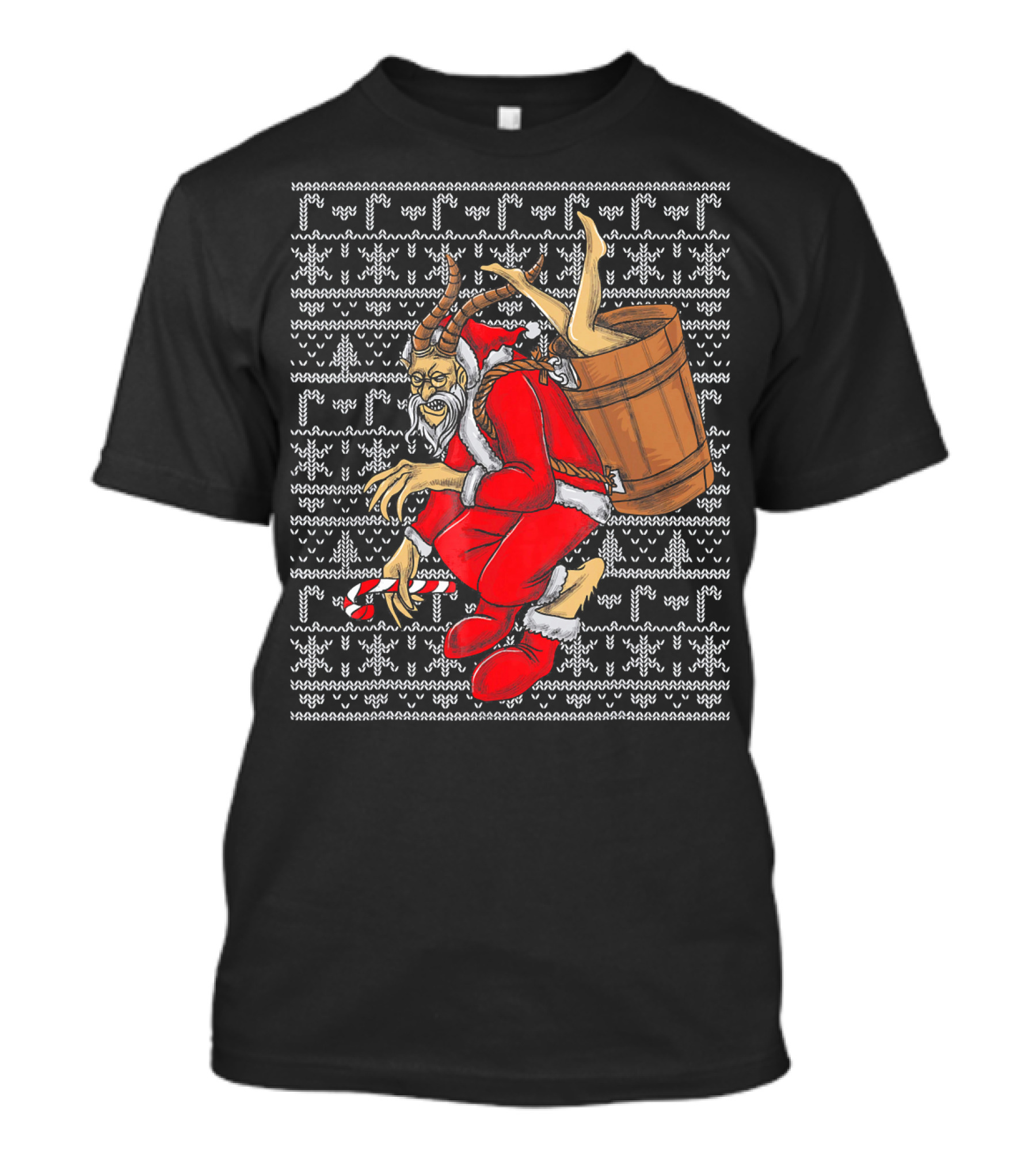 Krampus Ugly Christmas Sweater-Style Santa With Barrel And Candy Cane T-Shirt