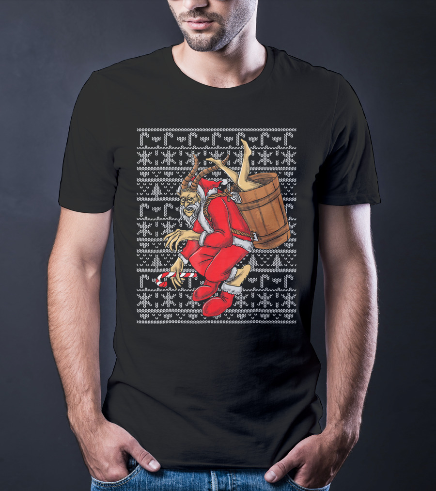 Krampus Ugly Christmas Sweater-Style Santa With Barrel And Candy Cane T-Shirt