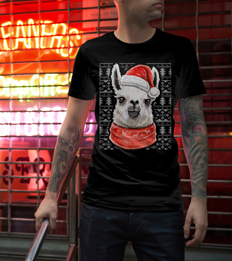 Ugly Christmas Llama Sweater With Santa Hat Festive T-Shirt