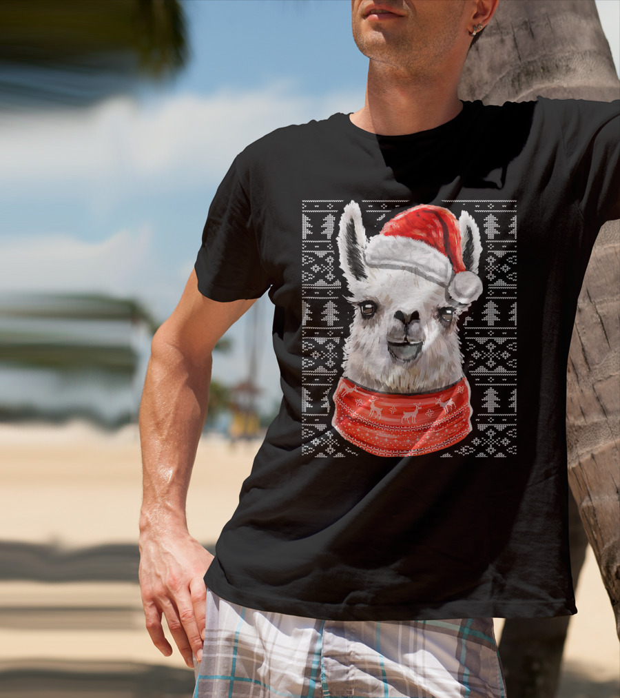 Ugly Christmas Llama Sweater With Santa Hat Festive T-Shirt