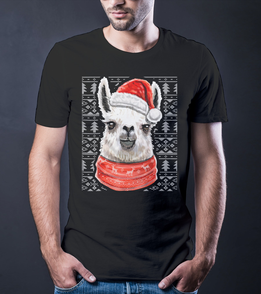 Ugly Christmas Llama Sweater With Santa Hat Festive T-Shirt