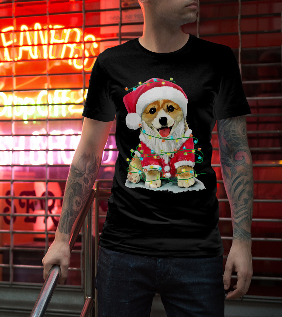 Festive Christmas Corgi Santa With Holiday Lights Corgmas San T-Shirt