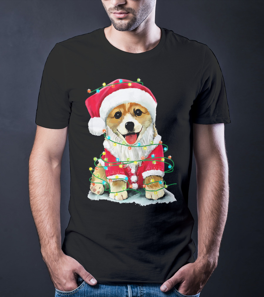 Festive Christmas Corgi Santa With Holiday Lights Corgmas San T-Shirt
