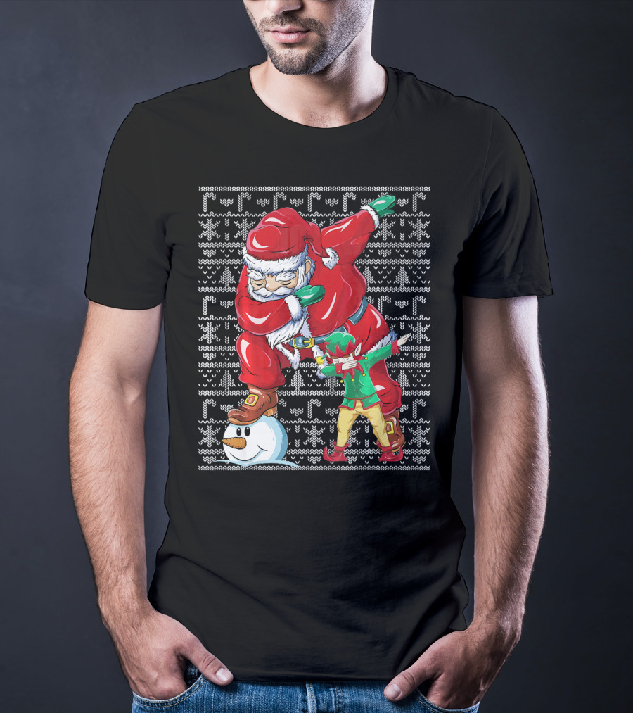 Christmas Dabbing Santa Elf With Snowman Head T-Shirt