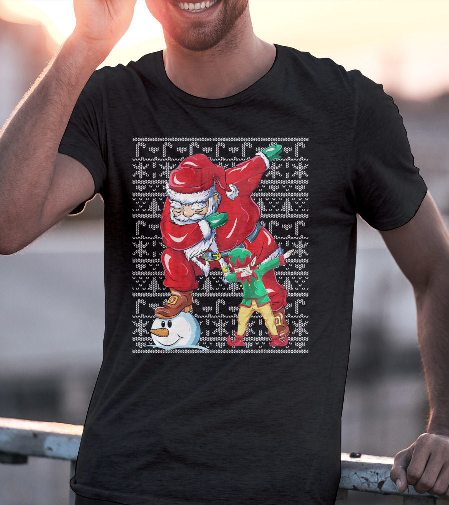 Christmas Dabbing Santa Elf With Snowman Head T-Shirt