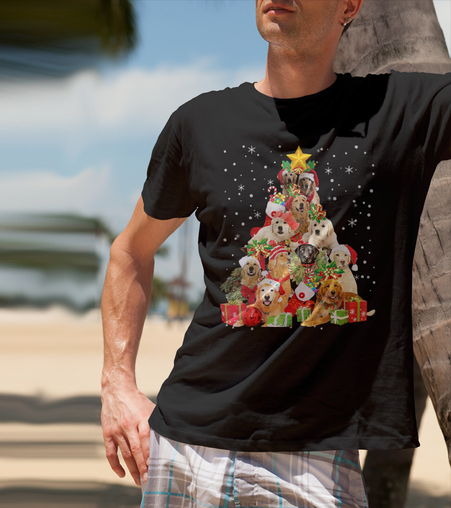 Golden Retriever Christmas Tree With Santa Hats And Presents T-Shirt