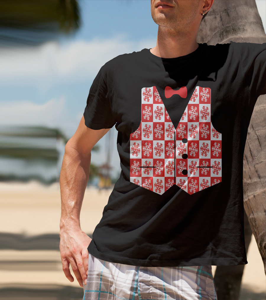 Red And White Snowflake Vest With Bow Tie T-Shirt