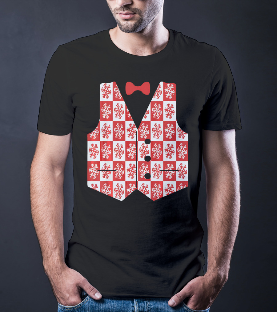 Red And White Snowflake Vest With Bow Tie T-Shirt