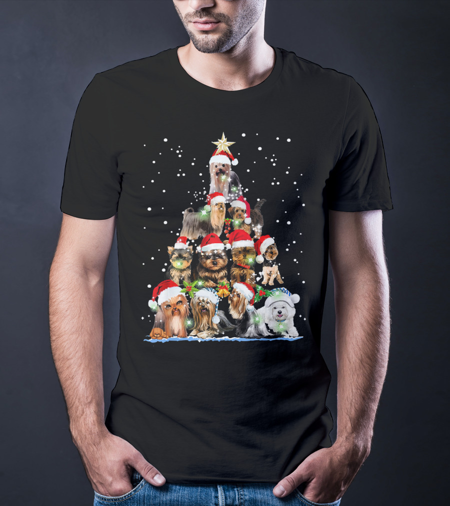 Yorkie Christmas Tree Santa Hats Dogs Snowflakes T-Shirt