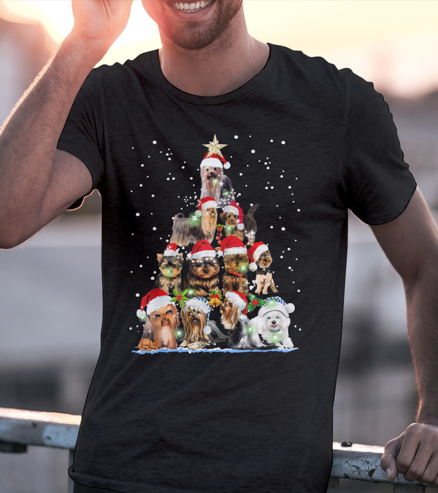Yorkie Christmas Tree Santa Hats Dogs Snowflakes T-Shirt